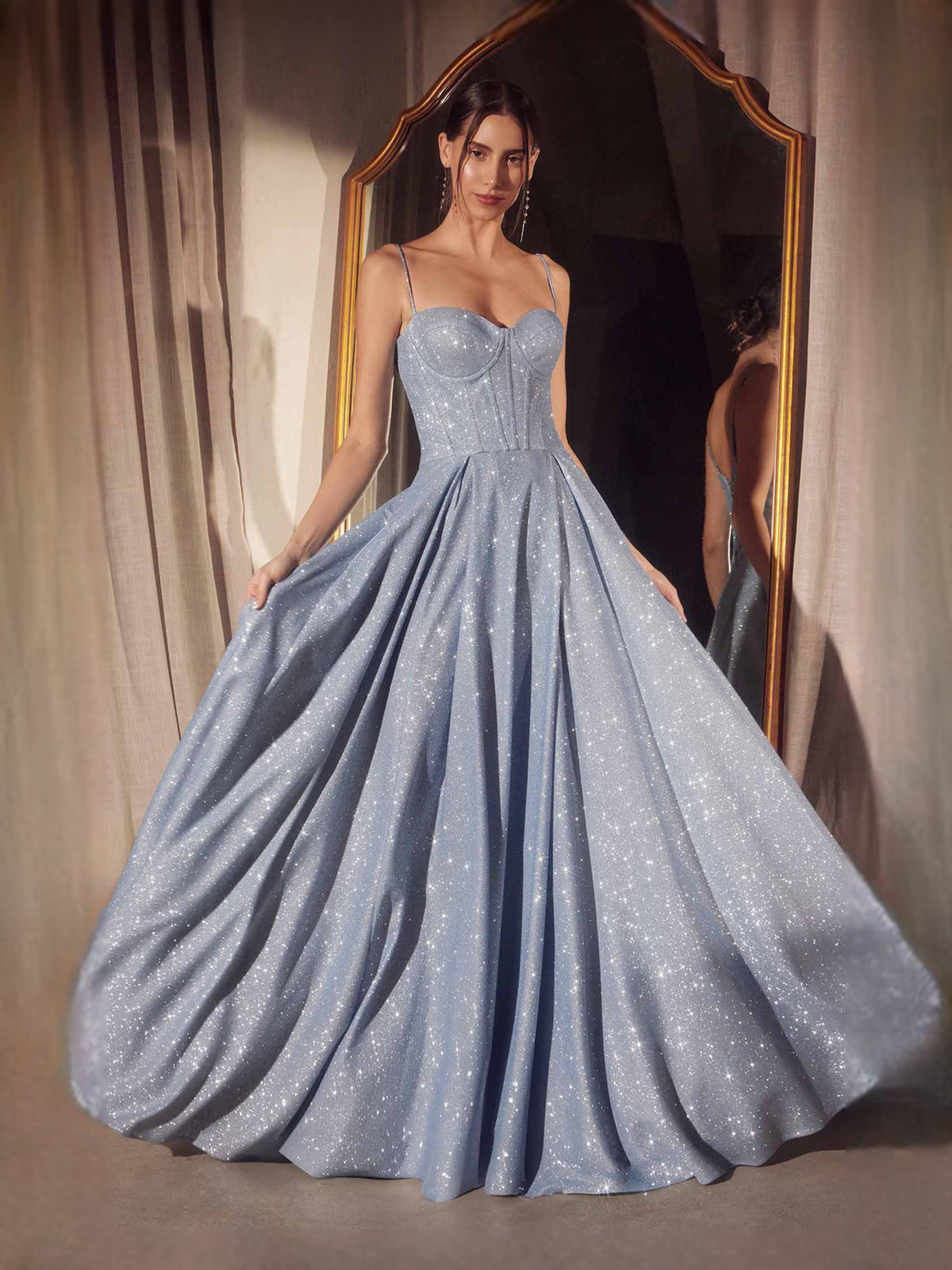 Light blue sparkly sweetheart corset prom dress with A-line floor-length skirt