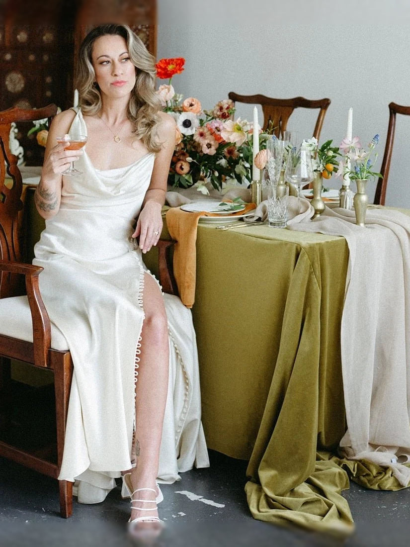 Ivory satin cowl-neck mermaid maxi dress with front slit and draped corset, seated pose