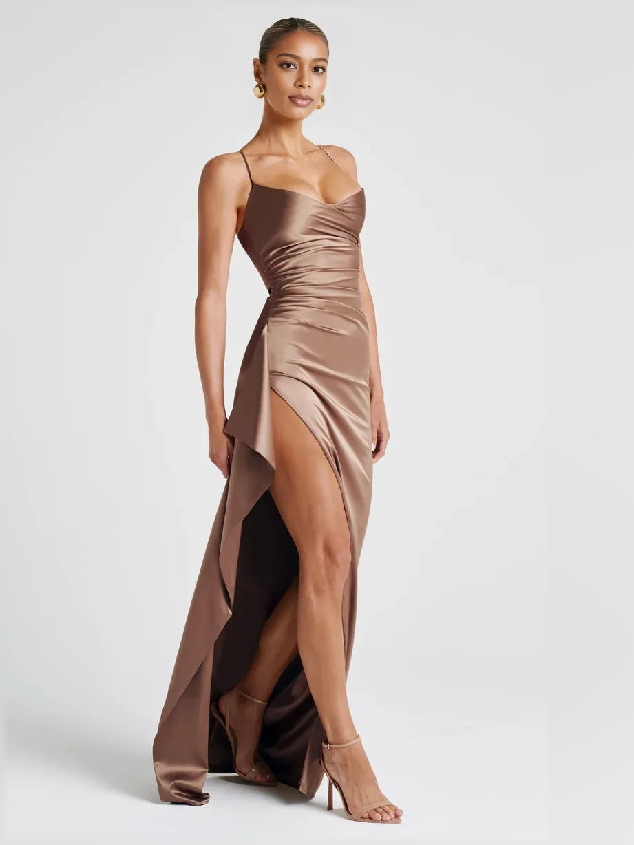 Taupe satin cowl-neck formal dress with ruched bodice and layered side drape