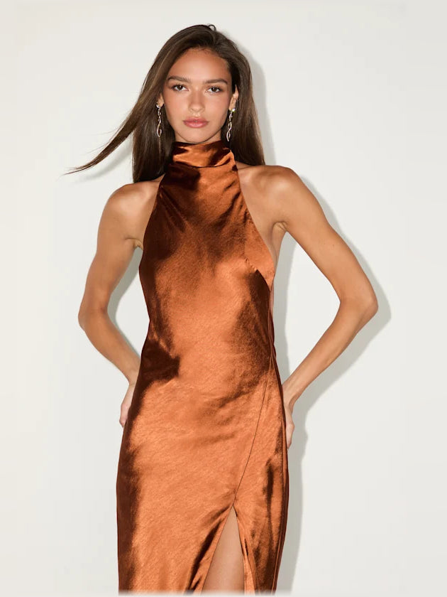 Rust satin halter neck midi dress with high neckline and front slit