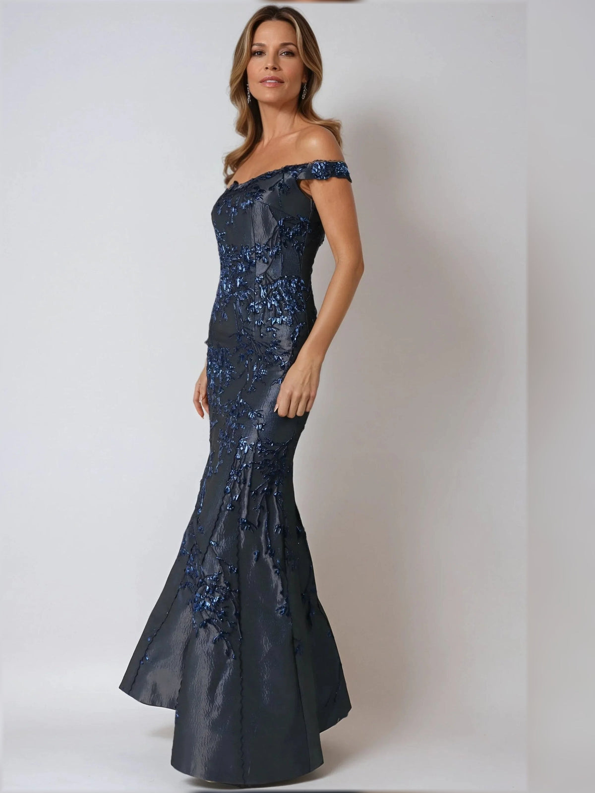 Navy floral A-line floor-length dress, off-shoulder neckline, fitted bodice