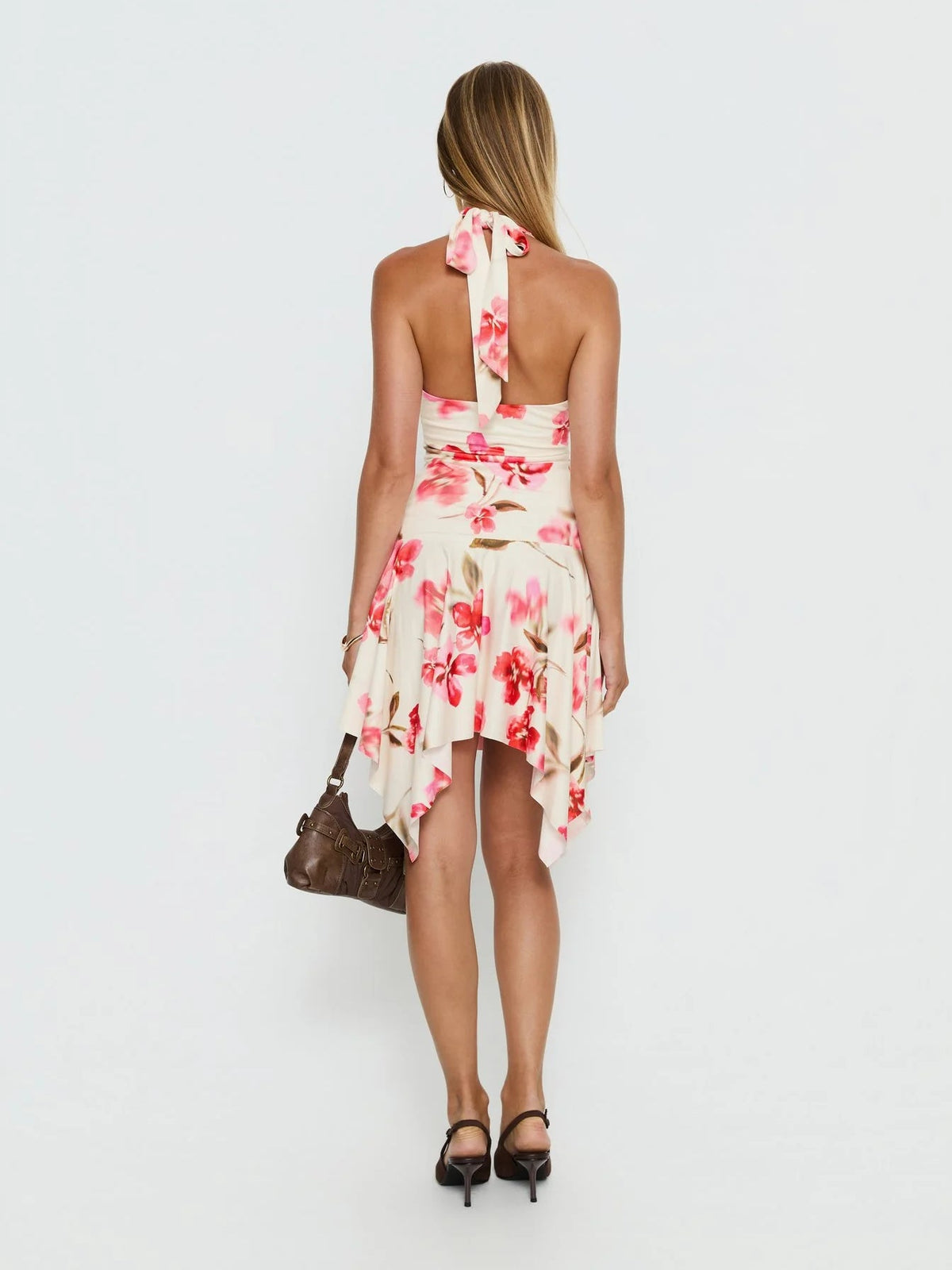 Cream floral halter midi dress with open-back tie and tiered ruffle skirt
