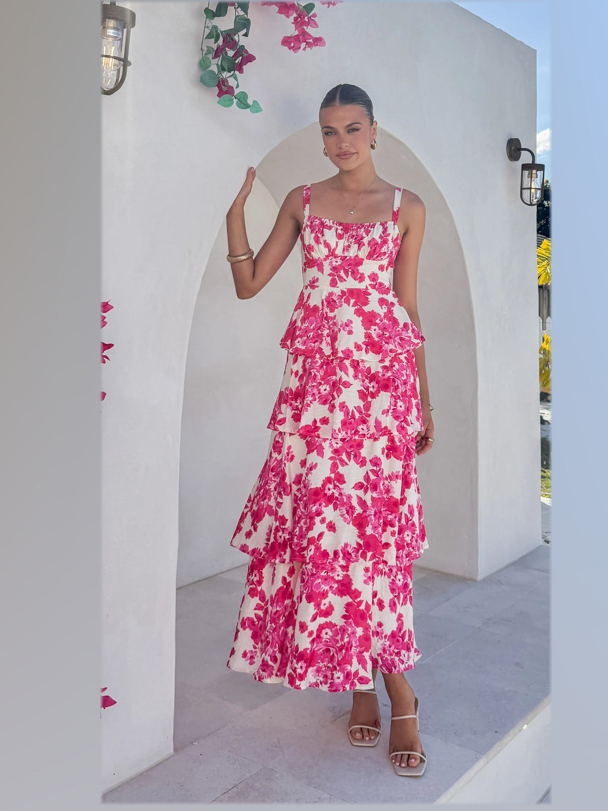Pink White Floral maxi formal dress, alternate full-length view showing the hem