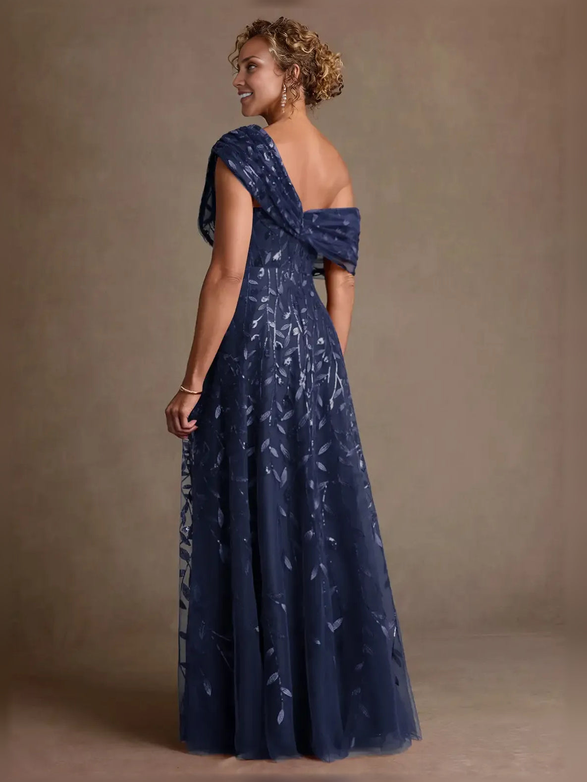 Navy blue off-shoulder draped tulle A-line dress with leaf embroidery, side/back view