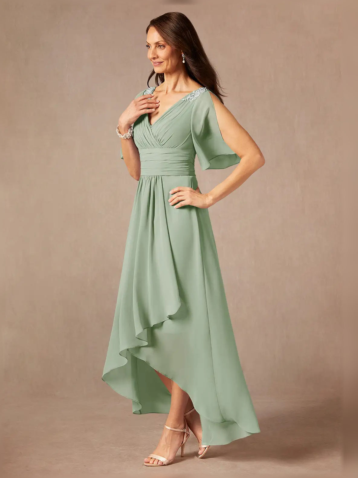 Dusty sage chiffon midi dress, V-neck with draped bodice and asymmetric ruffle hem