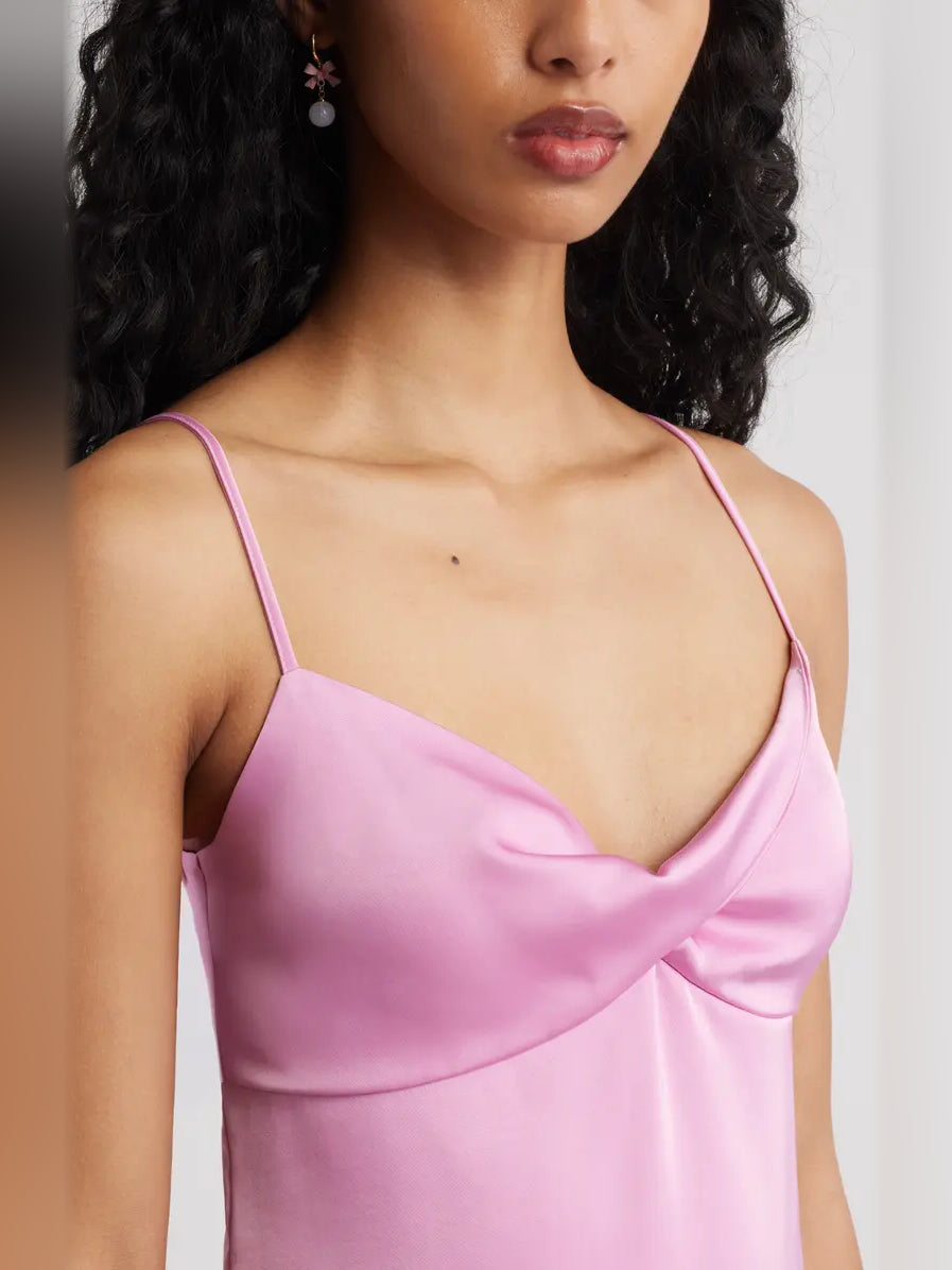 Pink satin ruched cowl bodice with twist detail and thin spaghetti straps