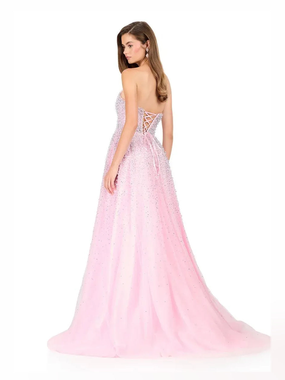 Pink beaded sweetheart corset A-line tulle prom dress, floor-length, thin straps
