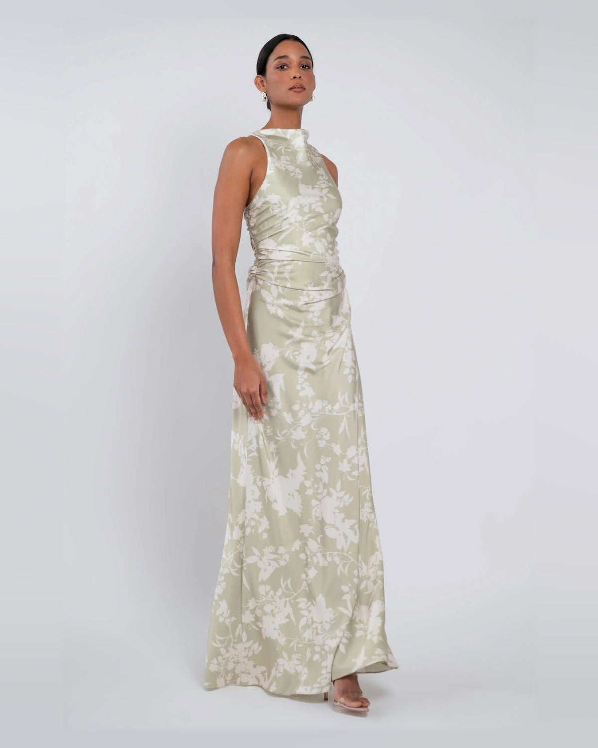 A-line maxi formal dress in light cream with white floral print, sleeveless fitted waist