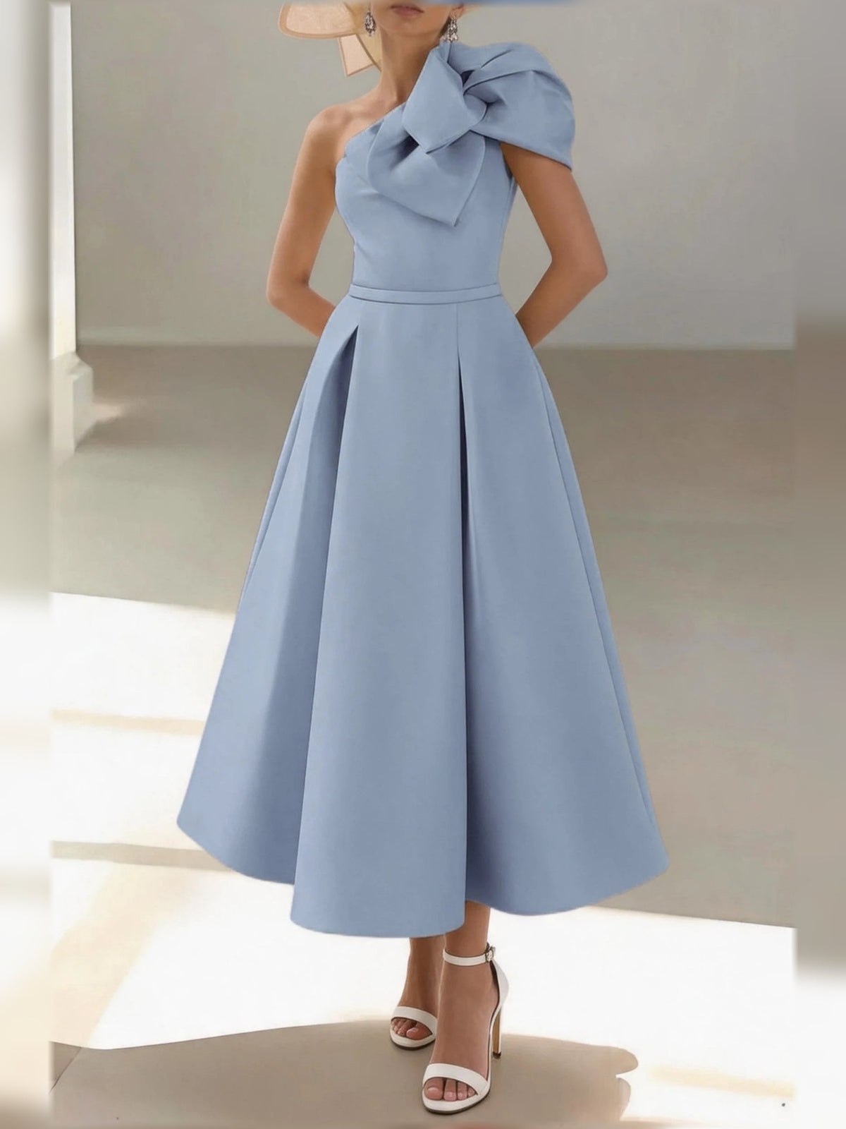Light blue one-shoulder satin A-line midi dress with pleated waist and draped bow