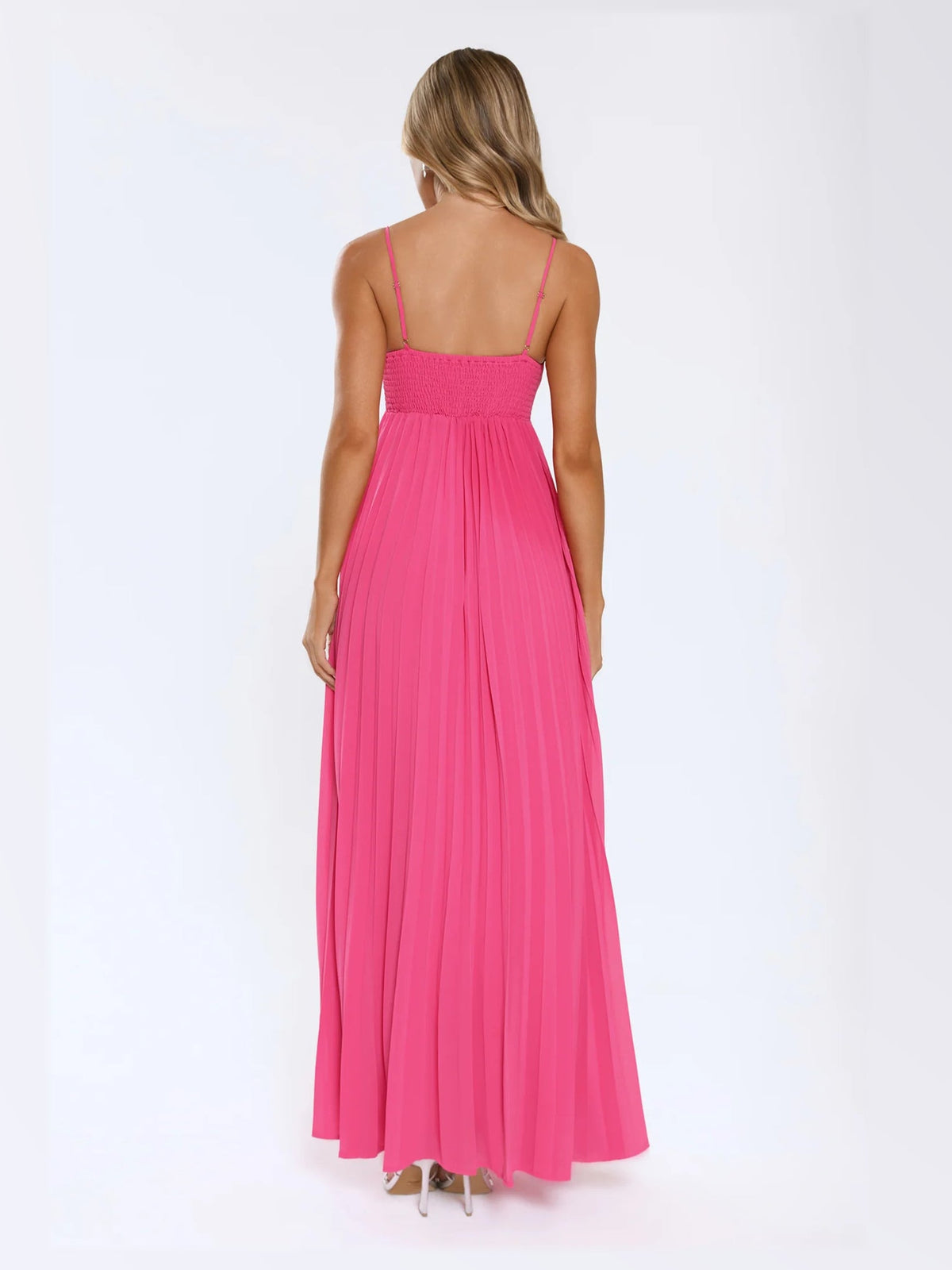 Pink maxi formal dress, alternate full-length view showing the hem