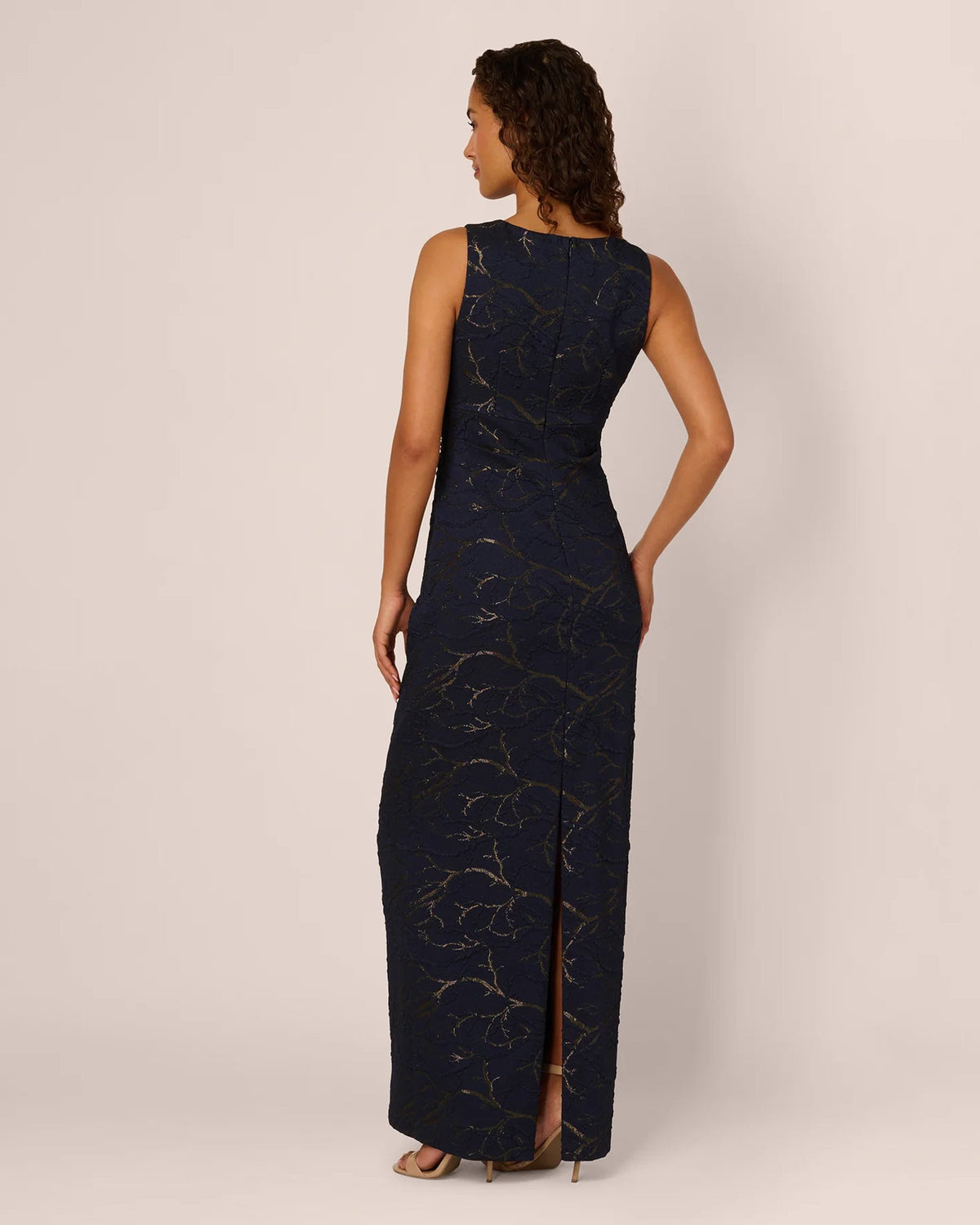 Navy sleeveless sheath maxi dress back view with gold abstract print