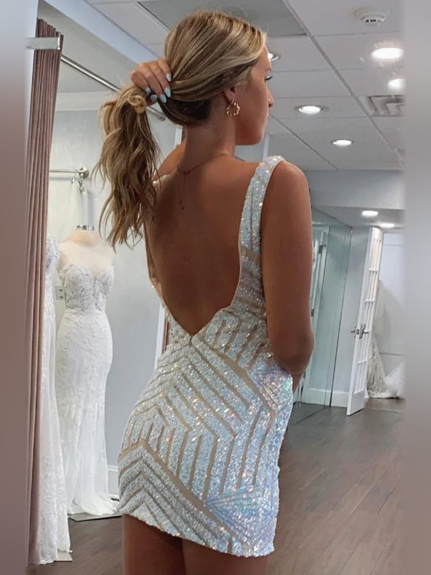 Champagne sequin V-neck bodycon mini dress with open back