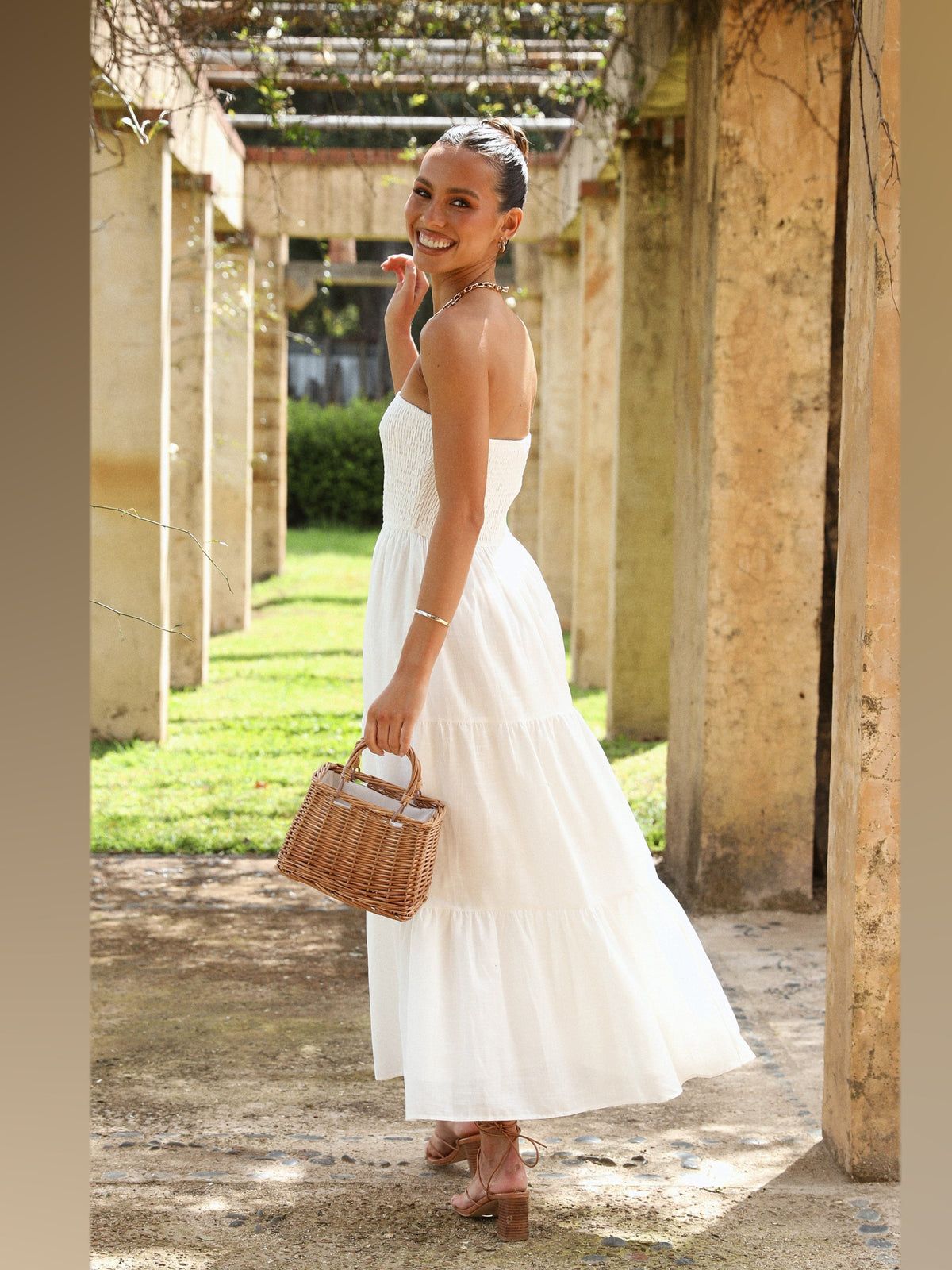 White midi formal dress, alternate full-length view showing the hem
