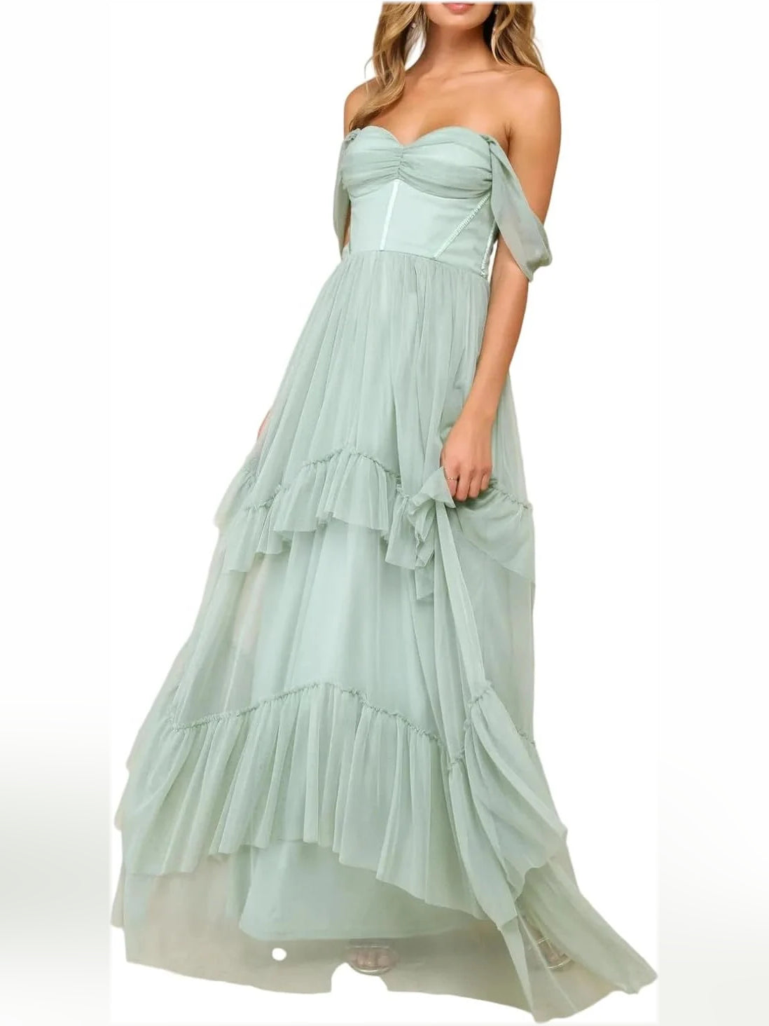 Mint green sweetheart off-shoulder tulle bridesmaid dress with cascading ruffle skirt