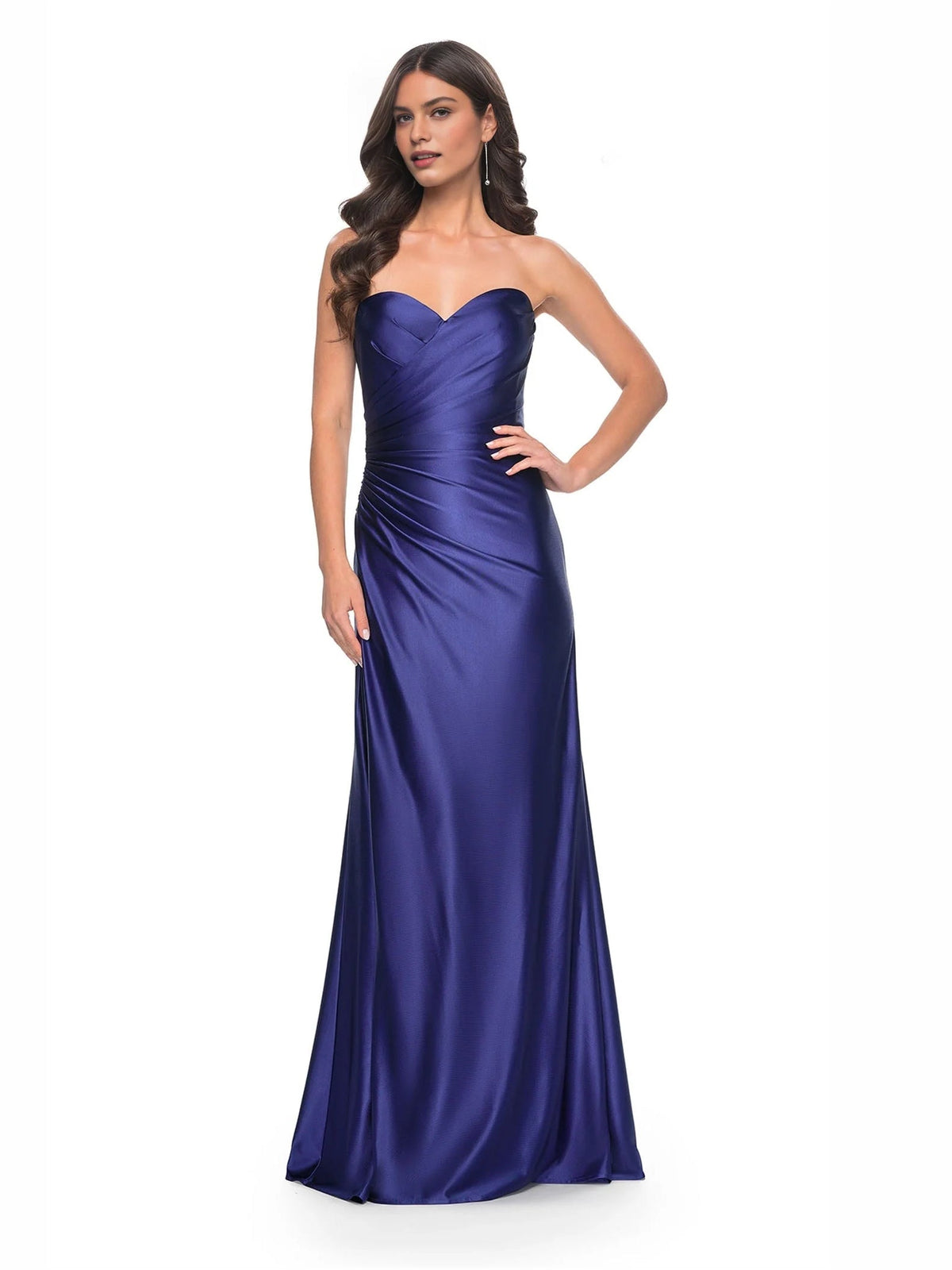 Royal blue sweetheart corset formal dress in satin with ruched bodice and front slit