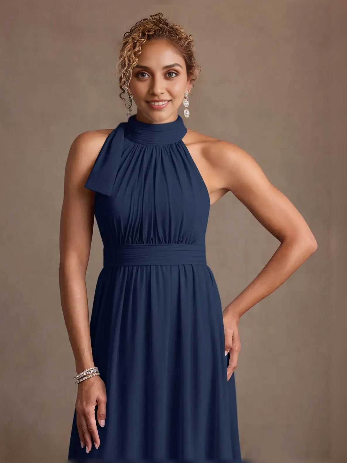 Navy halter-neck ruched A-line maxi dress, sleeveless