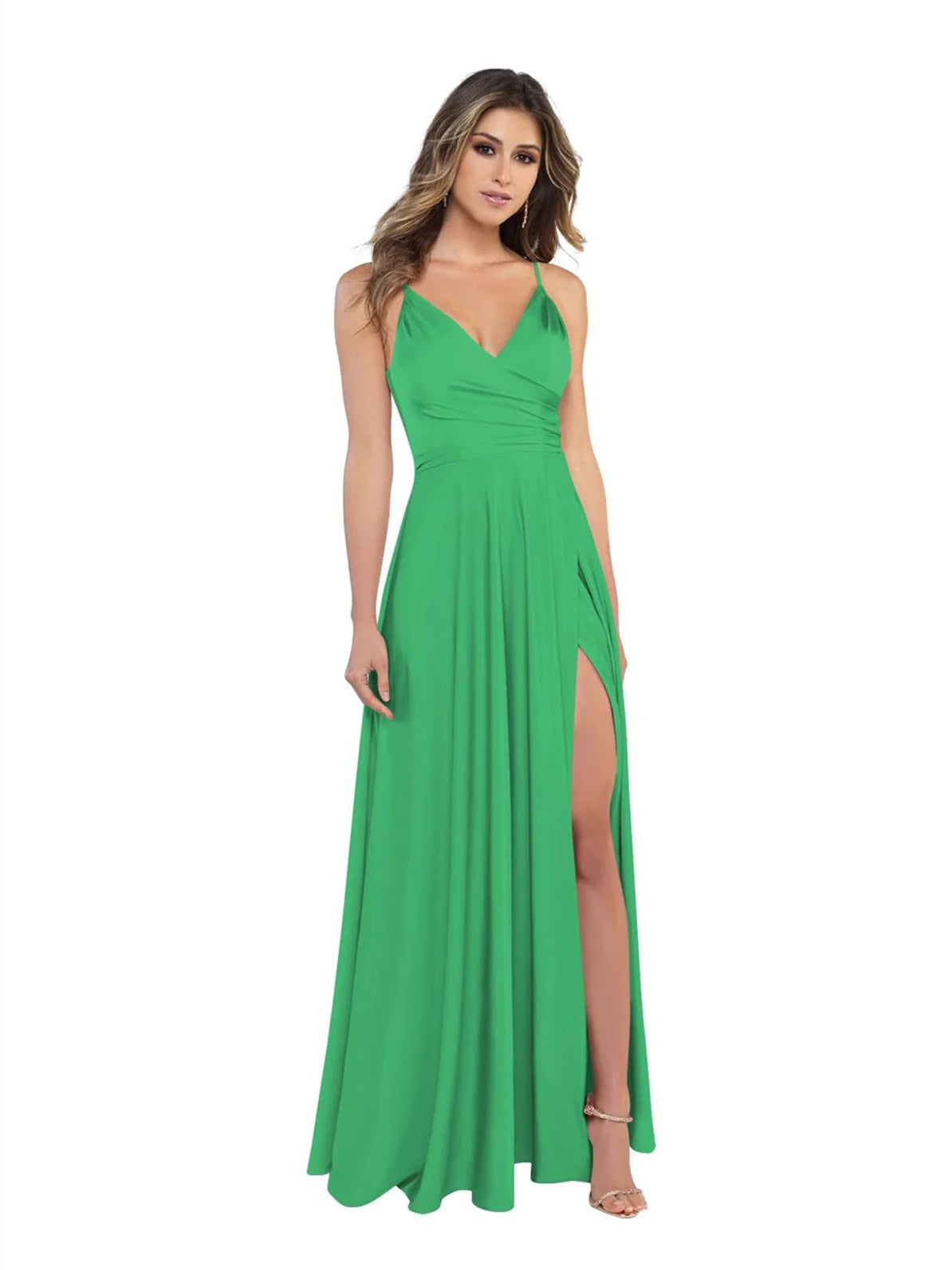 Green satin A-line V-neck dress with side slit, spaghetti straps, floor length