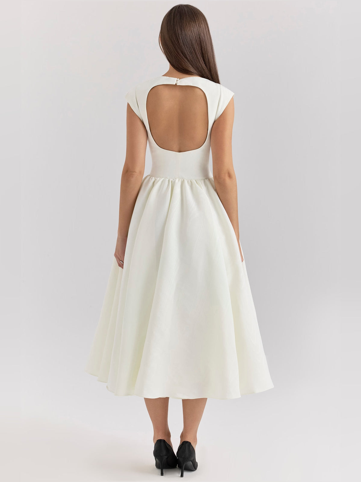 Ivory midi dress with open-back design and cap sleeves, gathered A-line skirt