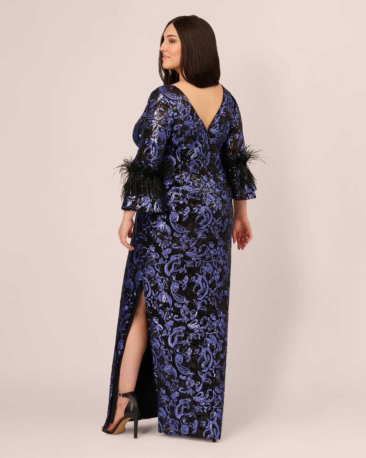 Navy blue embellished A-line maxi dress with front slit and feather-trimmed sleeves