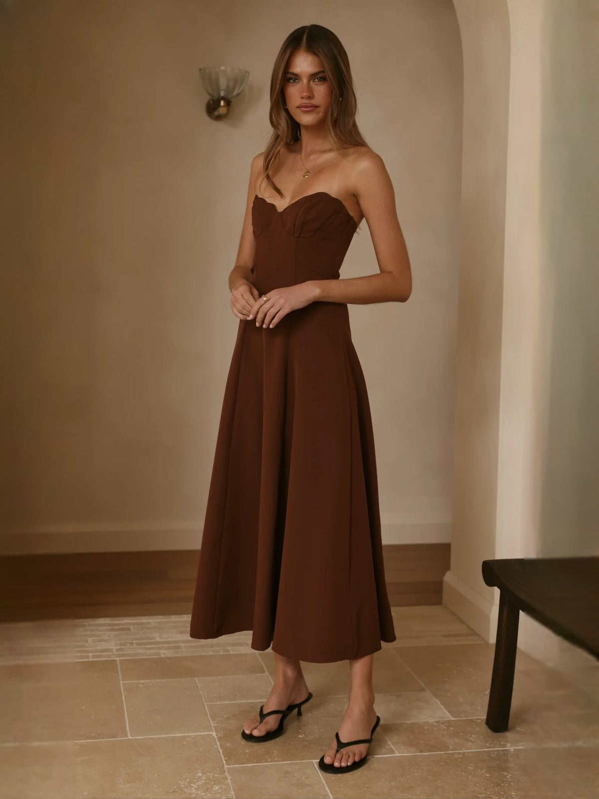 Chocolate strapless midi formal dress with sweetheart neckline, pleated skirt flare