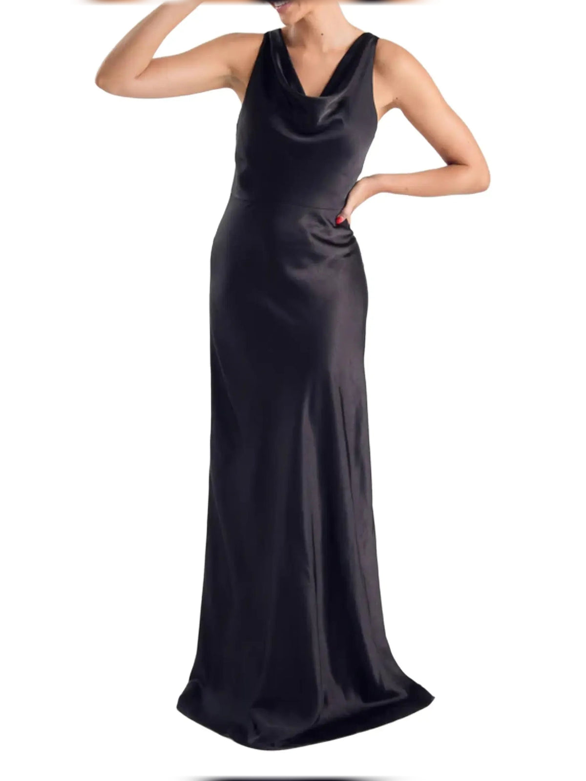 Black satin sheath dress with cowl neck, floor-length, sleeveless formal gown
