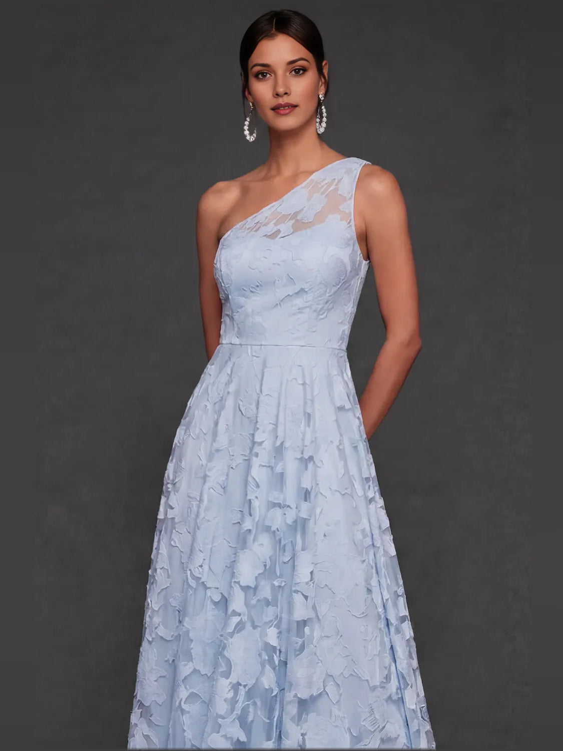 Light blue one-shoulder A-line maxi dress with sleeveless floral overlay and gathered skirt