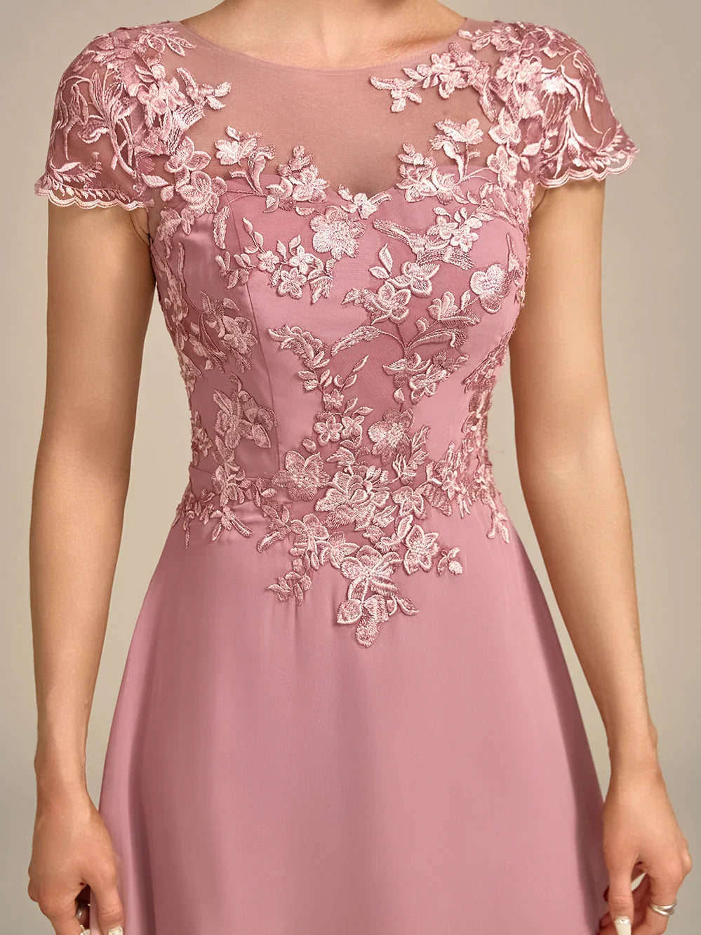 Dusty rose A-line chiffon dress with illusion neckline and floral lace overlay