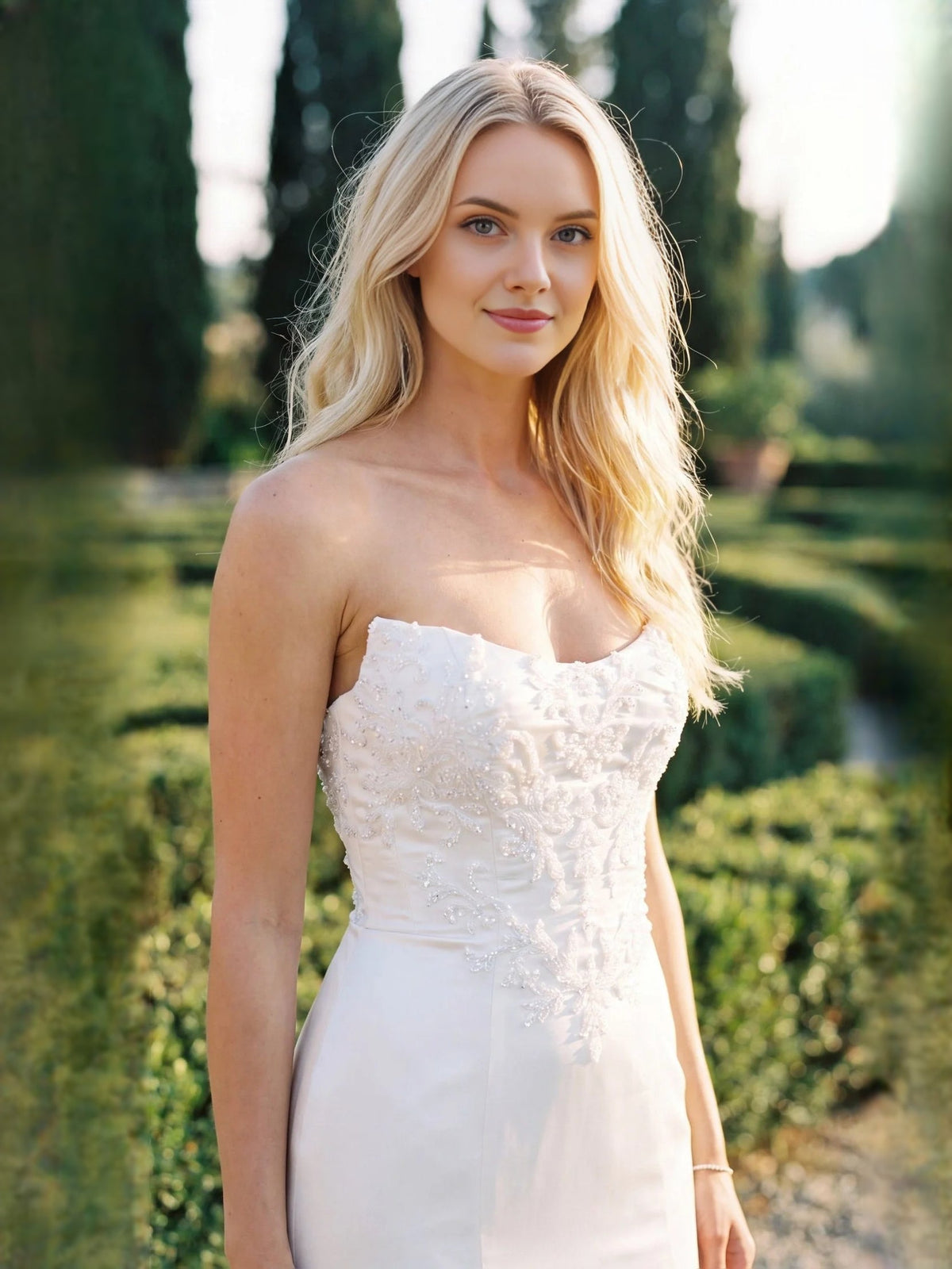 Ivory satin wedding dress with lace bodice embroidery, sweetheart neckline, spaghetti straps