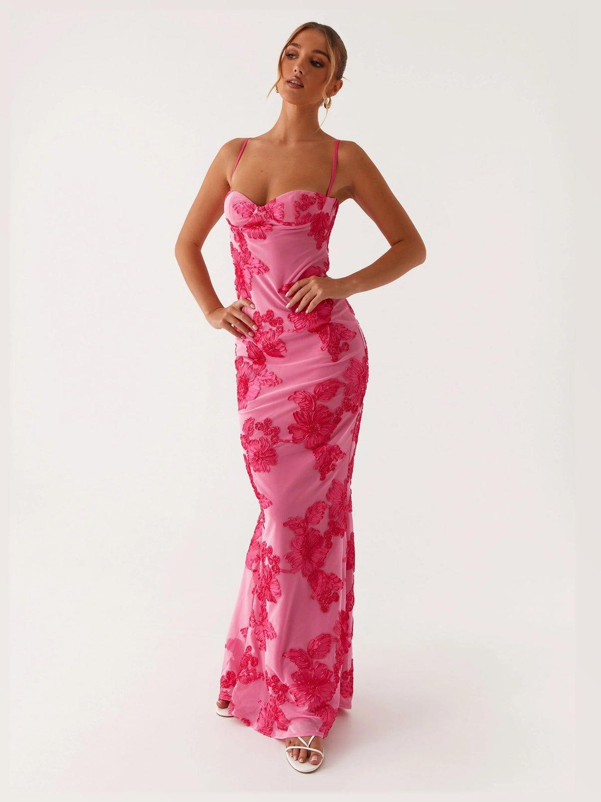 Pink maxi formal dress, alternate full-length view showing the hem