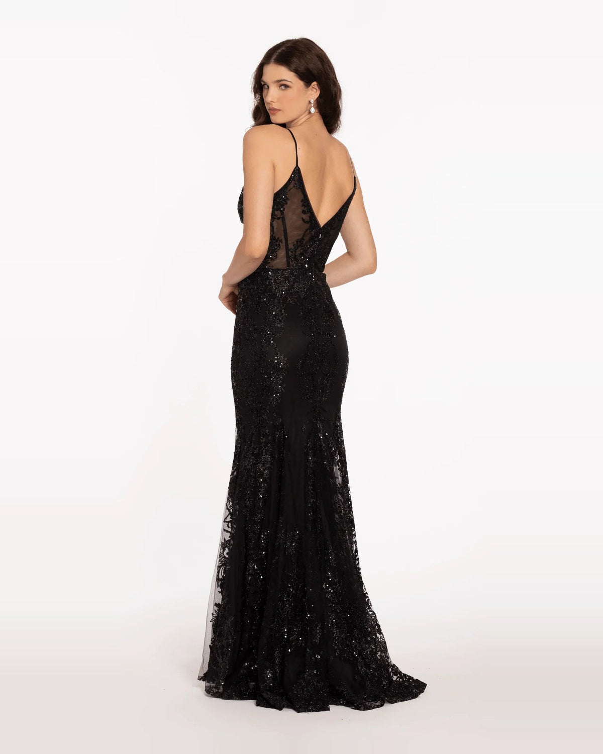 Black glitter mermaid prom dress with open back detail and spaghetti straps, full-length