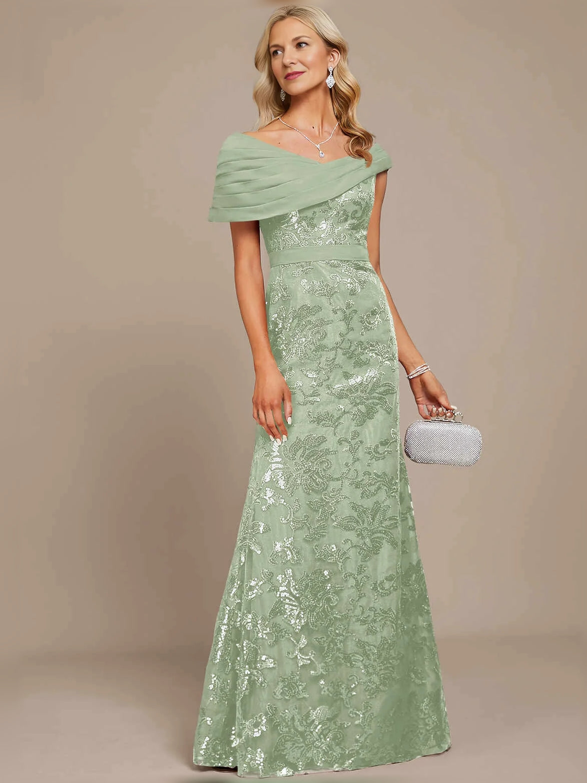 Eucalyptus green off-shoulder mermaid maxi dress, full length, floral print skirt