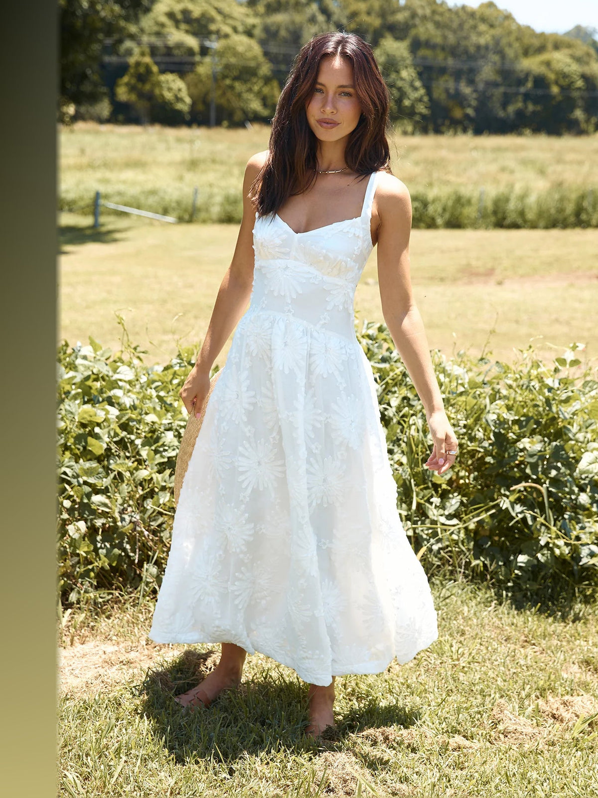 White midi formal dress, alternate full-length view showing the hem