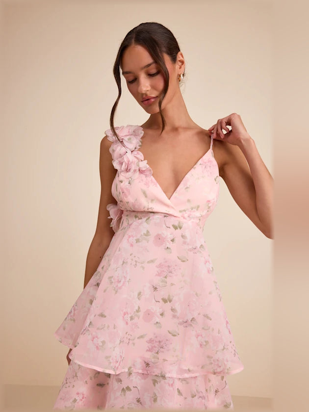 Daleyza light pink floral organza tiered midi dress with bow-tie spaghetti straps