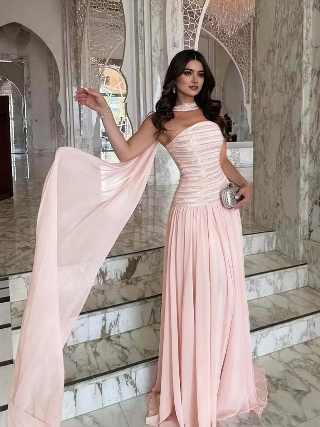 Blush pink one-shoulder A-line prom dress with draped chiffon overlay, floor-length