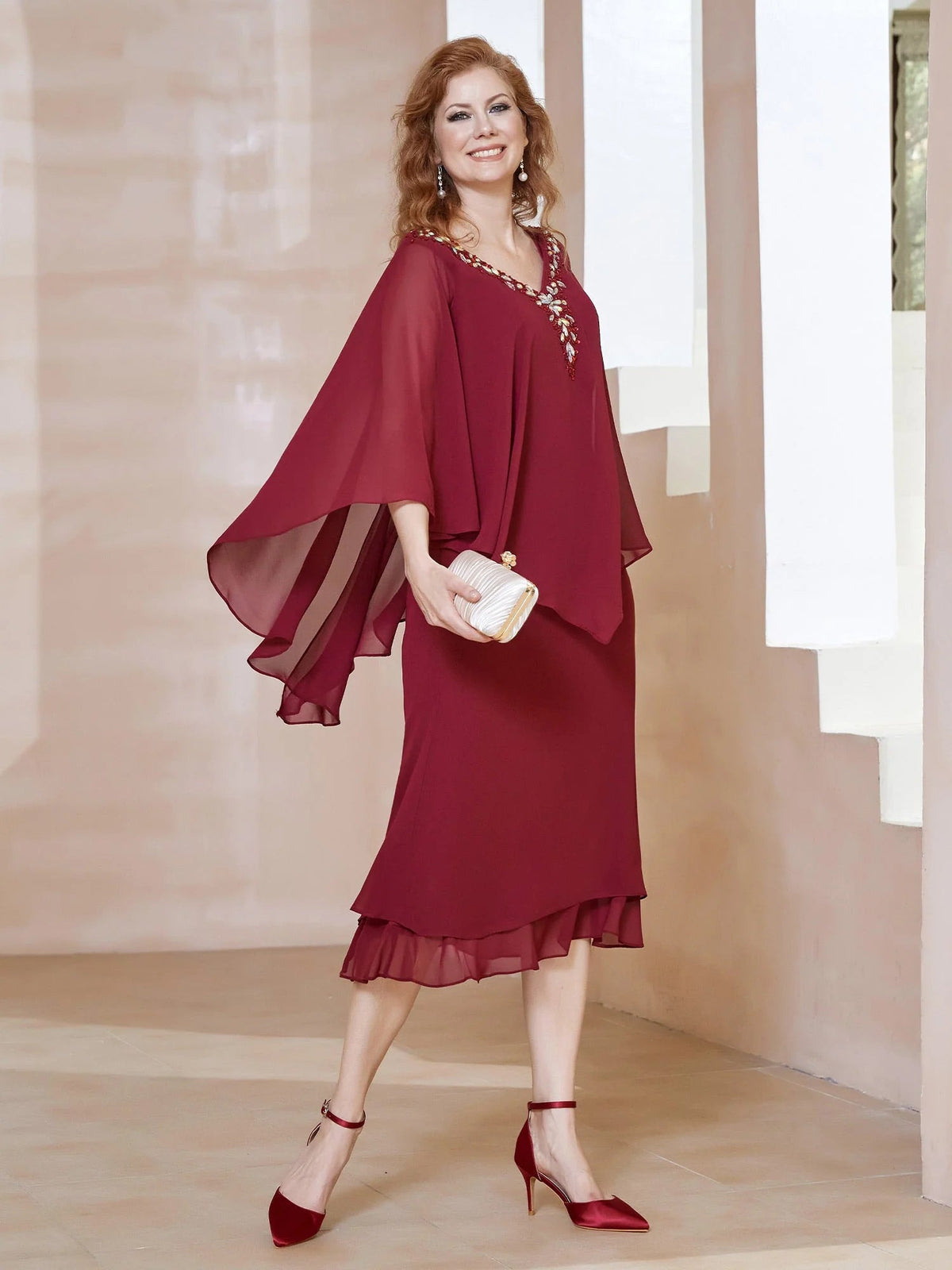 Burgundy chiffon midi dress with layered hem and beaded V-neckline