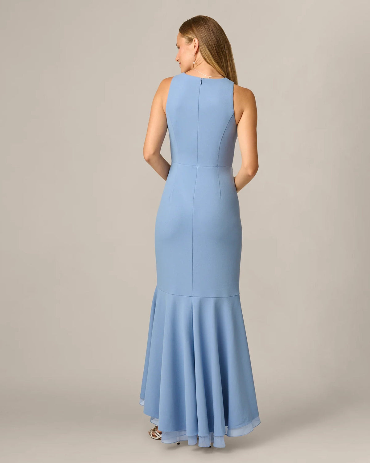 Blue back view maxi dress with spaghetti straps and pleated hem