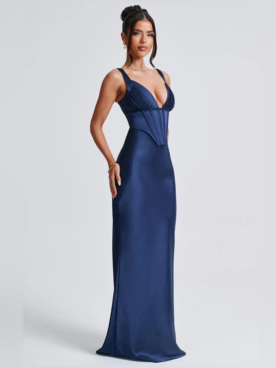 Navy blue v-neck corset mermaid formal dress with spaghetti straps and long skirt