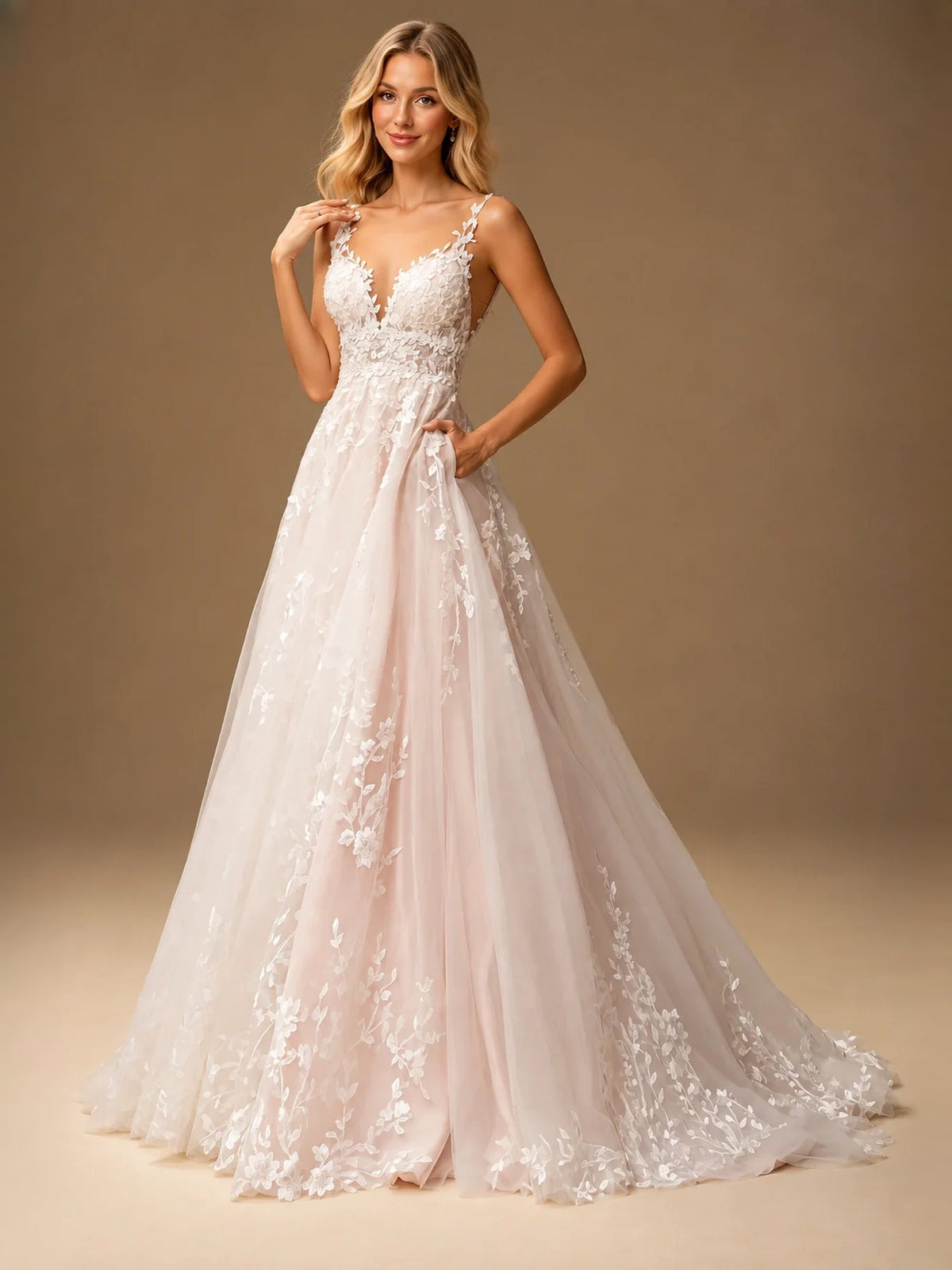 Ivory tulle A-line wedding dress with floral lace V-neck corset and tulle skirt