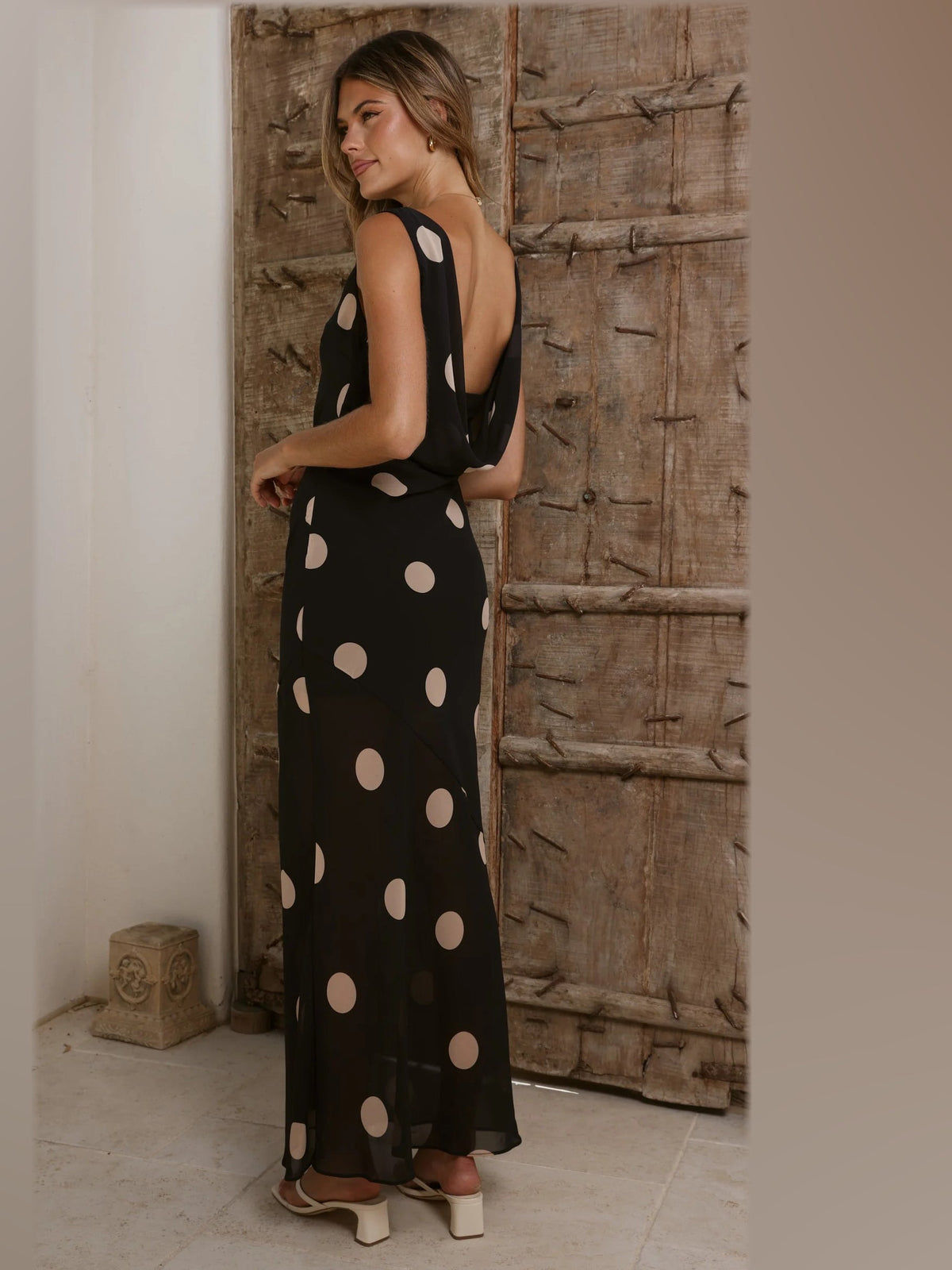 Black Cream Polka Dot maxi formal dress, alternate full-length view showing the hem