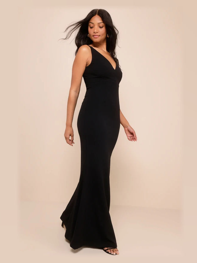 Black maxi formal dress, alternate full-length view showing the hem