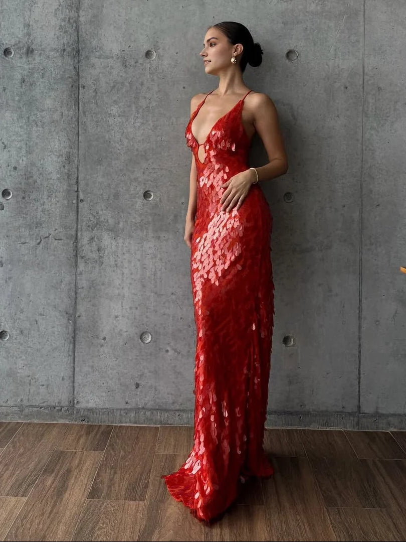 Red sequin maxi dress with V-neck spaghetti straps and open-back cutout