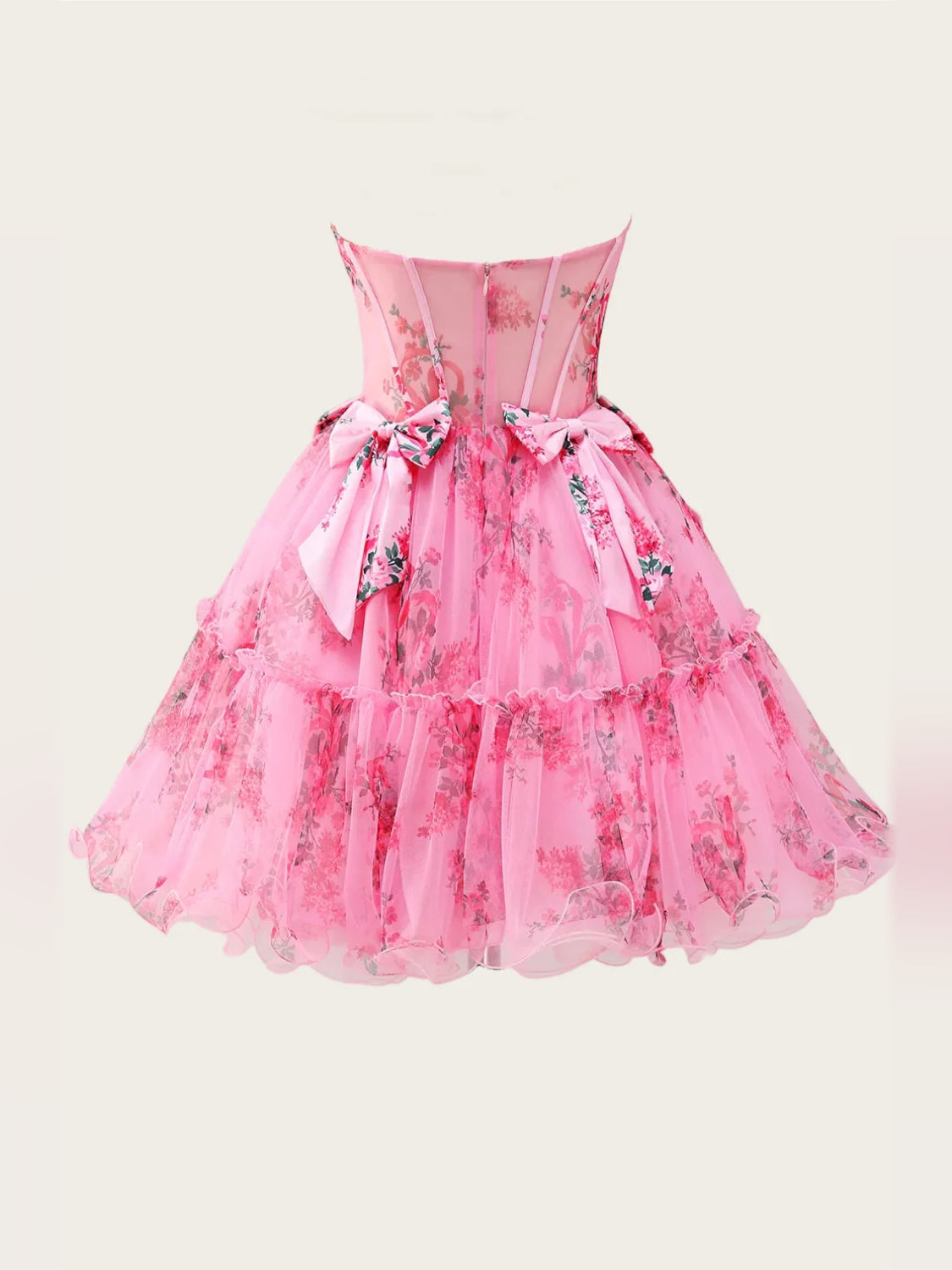 Pink floral strapless corset mini tulle dress, full back view with bow detail