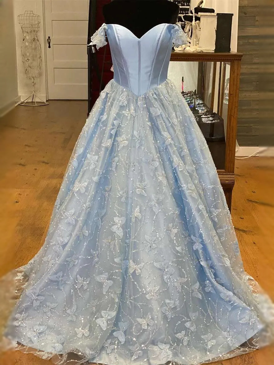 Sky-blue backless maxi prom dress with corset bodice and embellished tulle skirt