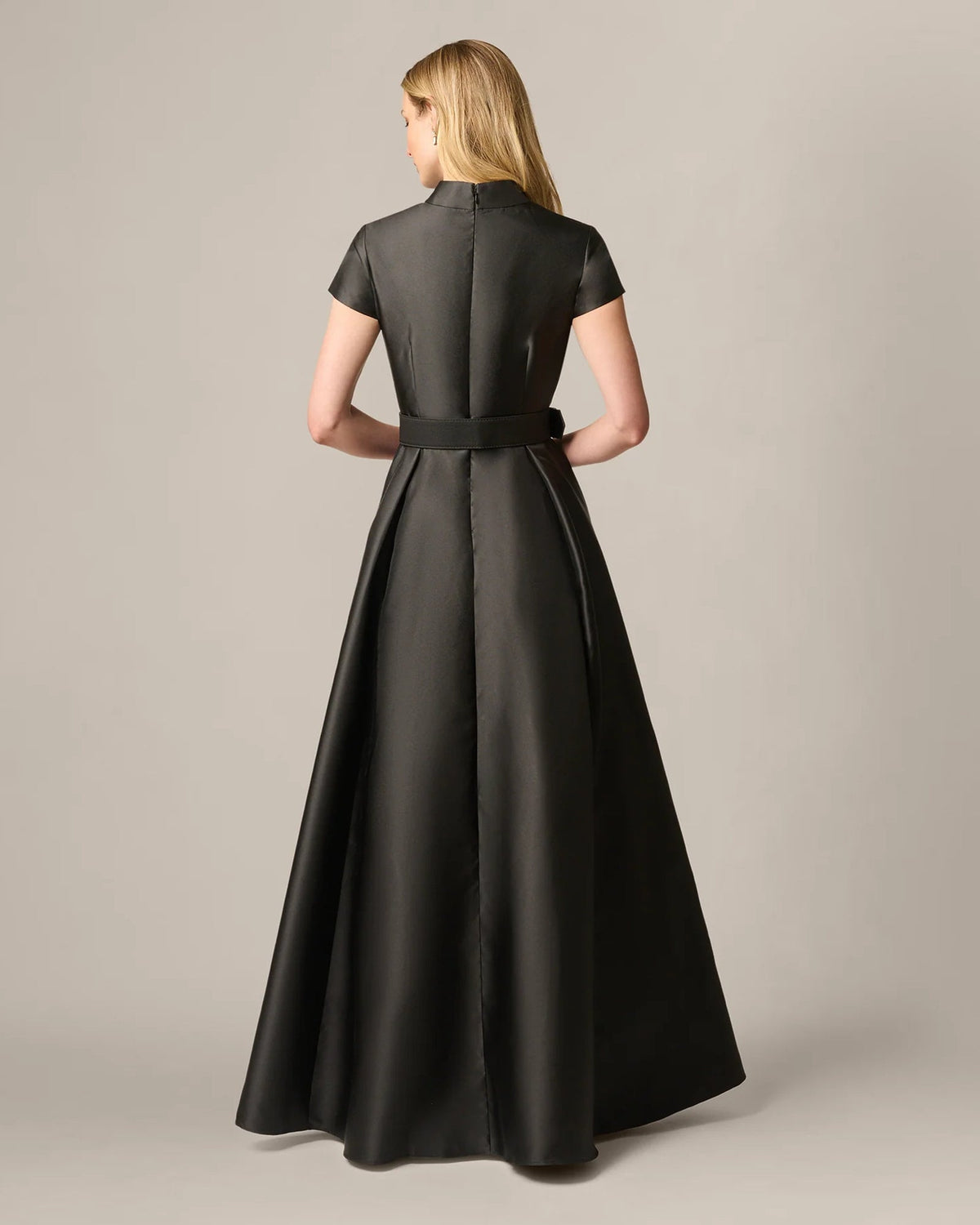 Black V-neck A-line maxi dress with short sleeves, back view