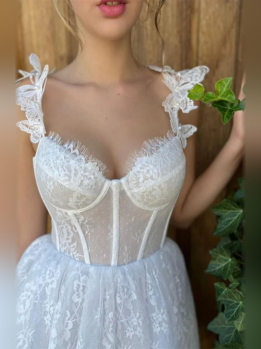 White lace corset sweetheart A-line short dress with sheer bodice and ruffled straps