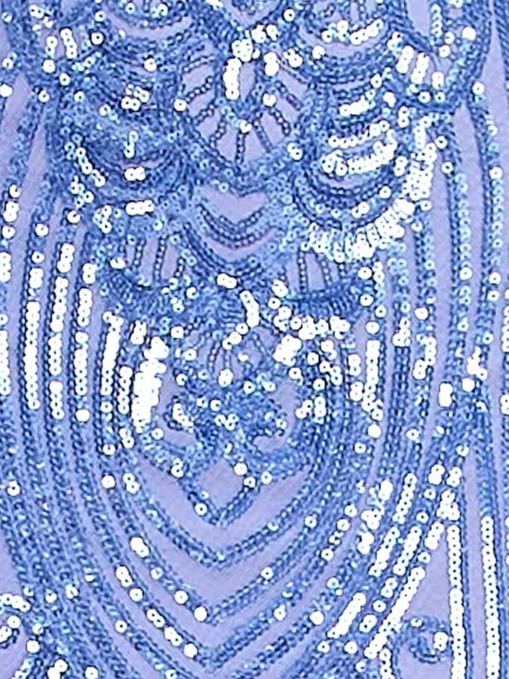 Periwinkle sequin and bead embroidery on tulle with V-shaped wave patterns