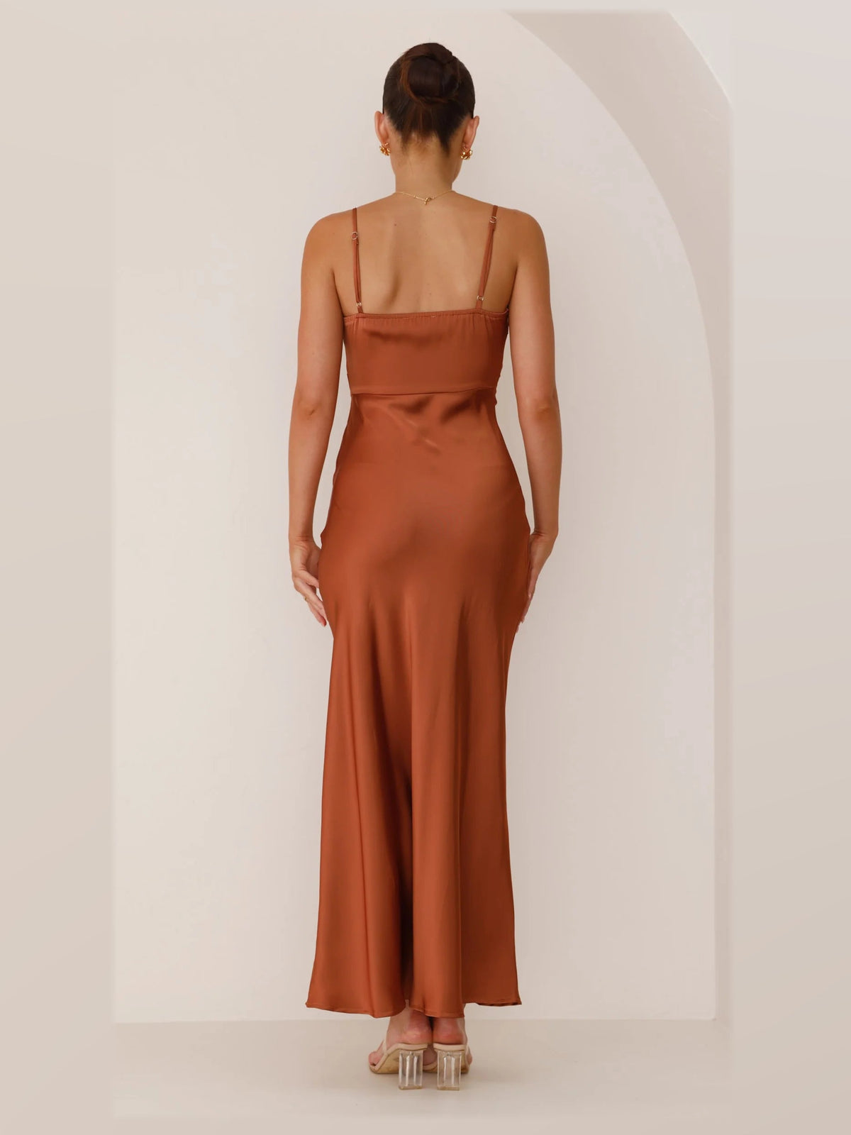 Copper maxi formal dress, alternate full-length view showing the hem