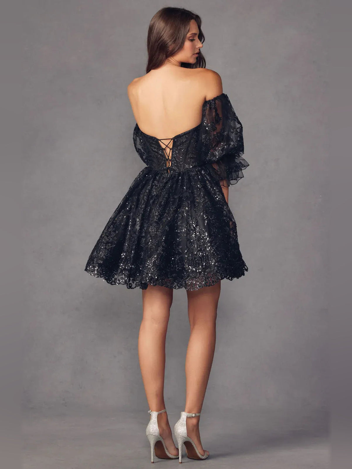 Black glitter A-line short dress with lace-up open back and off-shoulder tulle ruffles