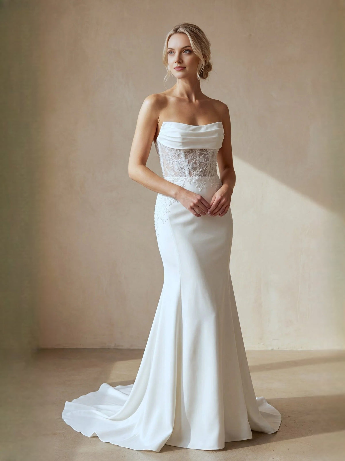 Ivory strapless satin mermaid wedding dress with floral lace corset bodice and train