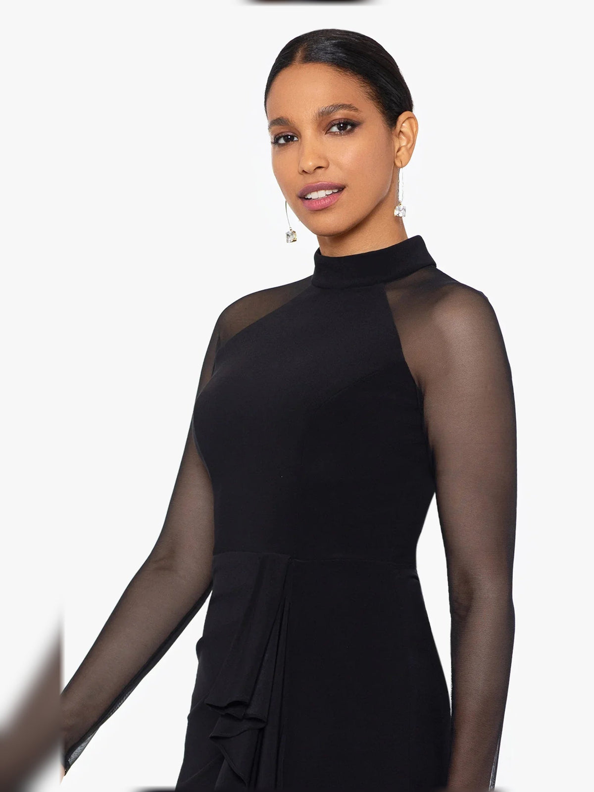 Black high-neck sleeveless dress with sheer mesh sleeves and ruched waist detail